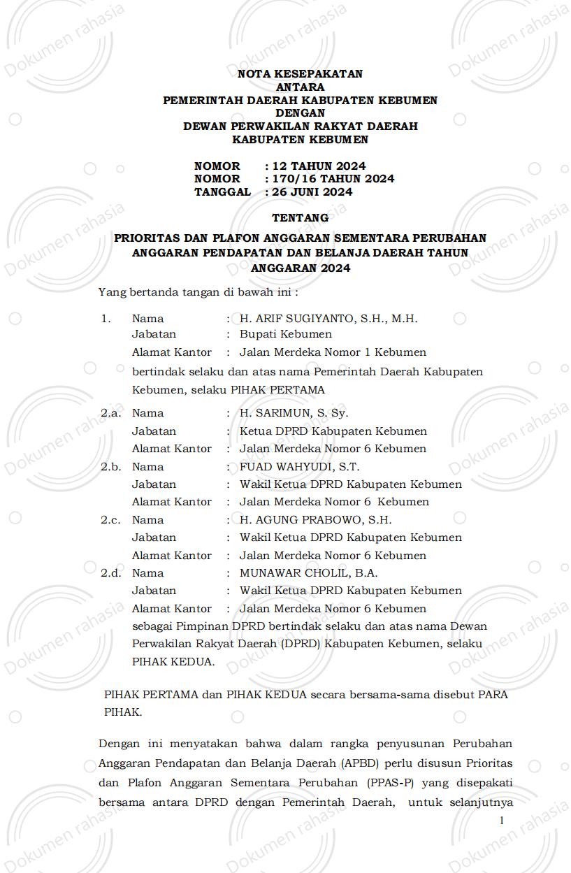 Nota Kesepakatan Nomor 170/16 Tahun 2024 tentang Prioritas dan Plafon Anggaran Sementara Perubahan APBD Tahun Anggaran 2024