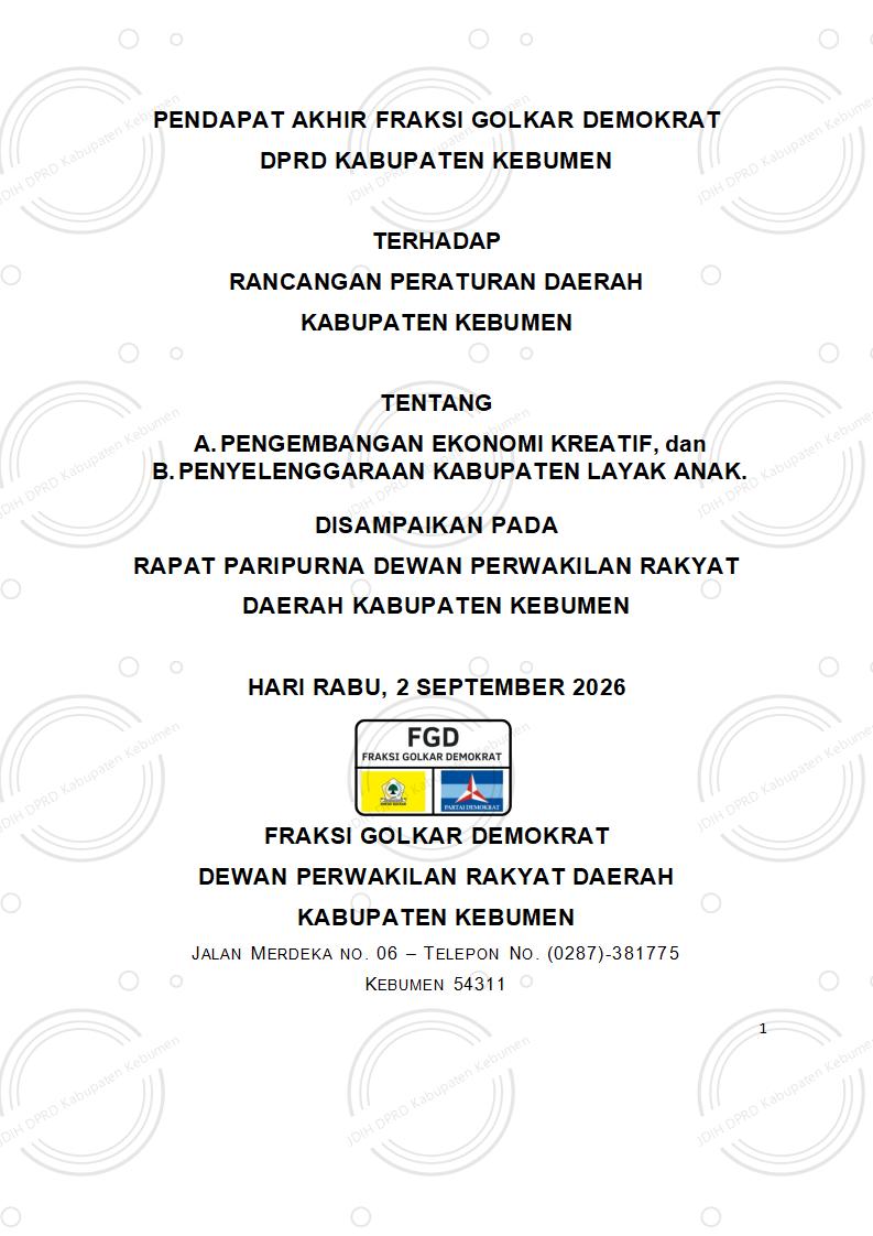 Pendapat Akhir Fraksi Golkar Demokrat DPRD Kabupaten Kebumen terhadap Raperda tentang Pengembangan Ekonomi Kreatif dan Raperda tentang Penyelenggaraan Kabupaten Layak Anak Tahun 2026