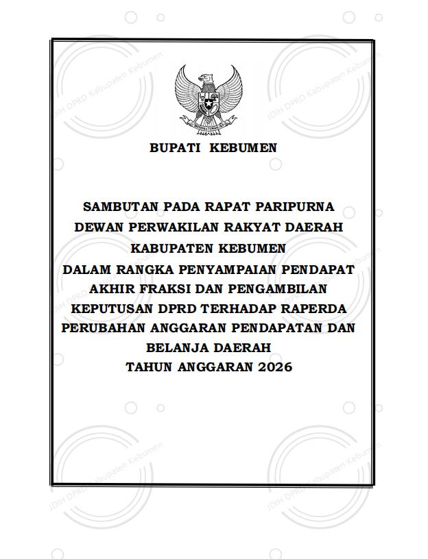 Sambutan Bupati Kebumen pada Persetujuan Raperda Perubahan APBD Tahun Anggaran 2026