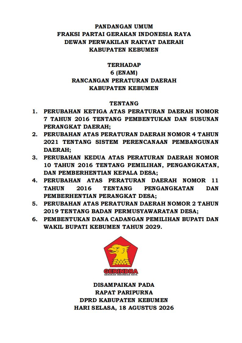 Pandangan Umum Fraksi Partai Gerakan Indonesia Raya (Gerindra) DPRD Kabupaten Kebumen terhadap Enam Raperda