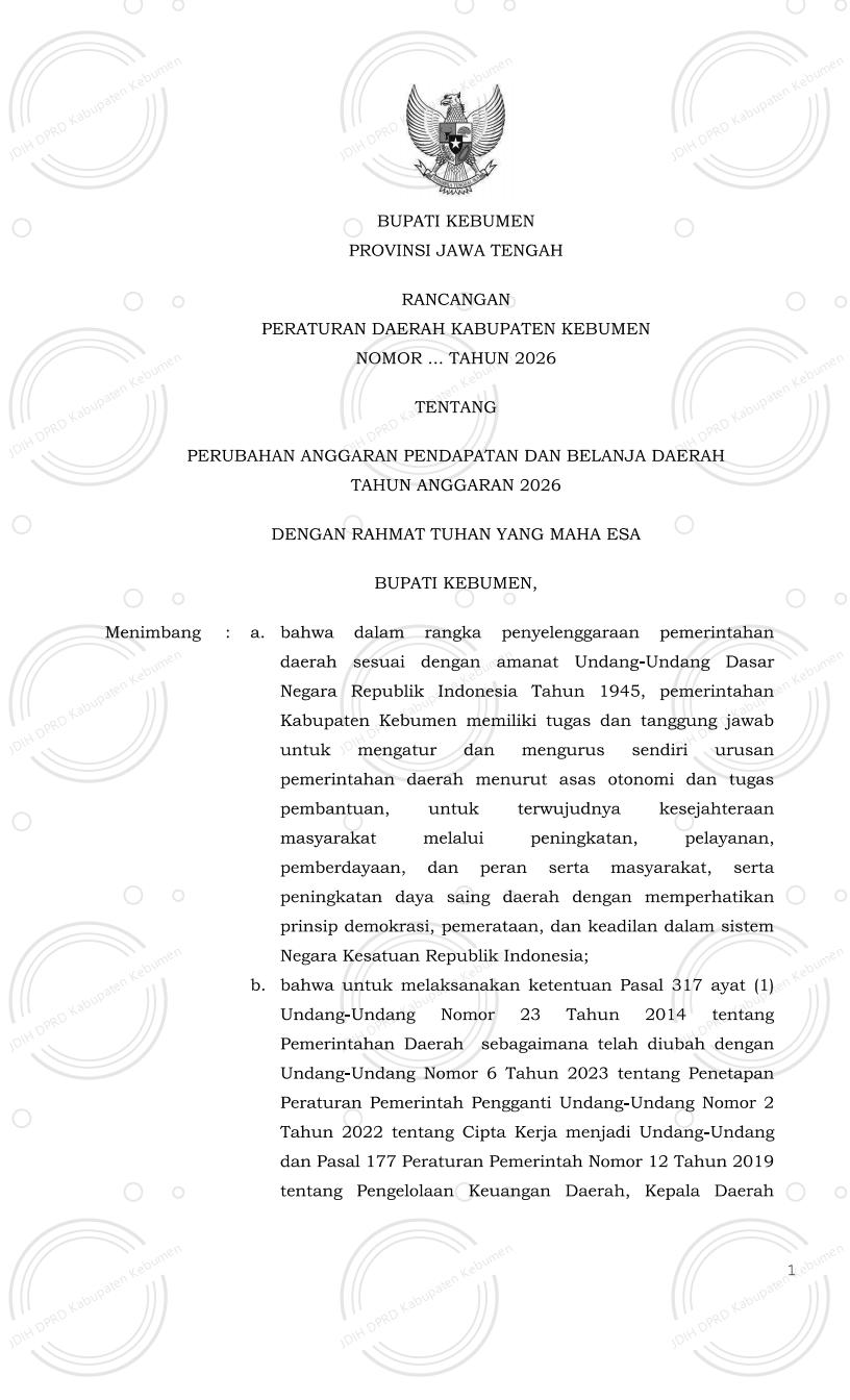 Raperda tentang Perubahan Anggaran Pendapatan dan Belanja Daerah Tahun Anggaran 2026