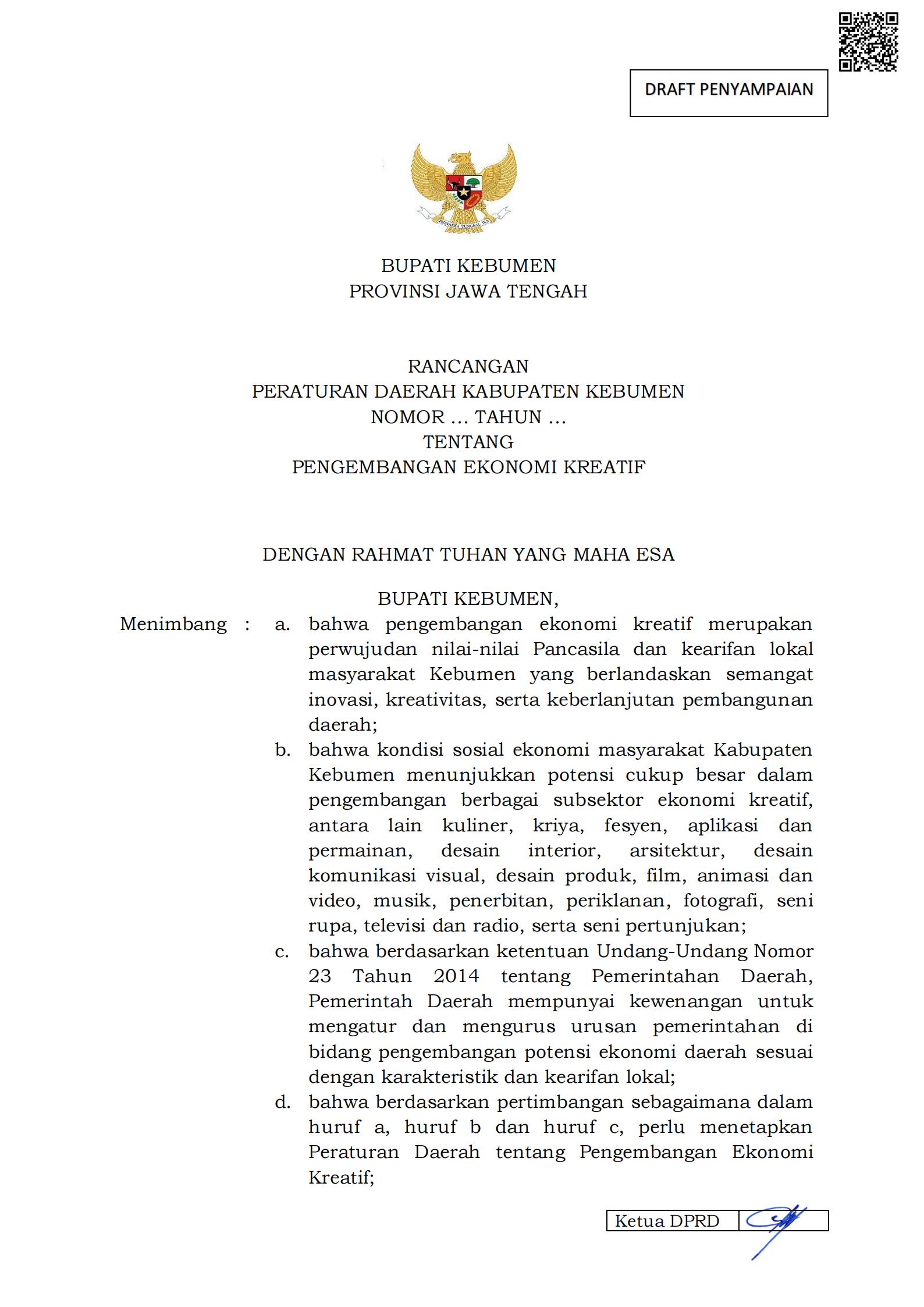 Raperda tentang Pengembangan Ekonomi Kreatif 