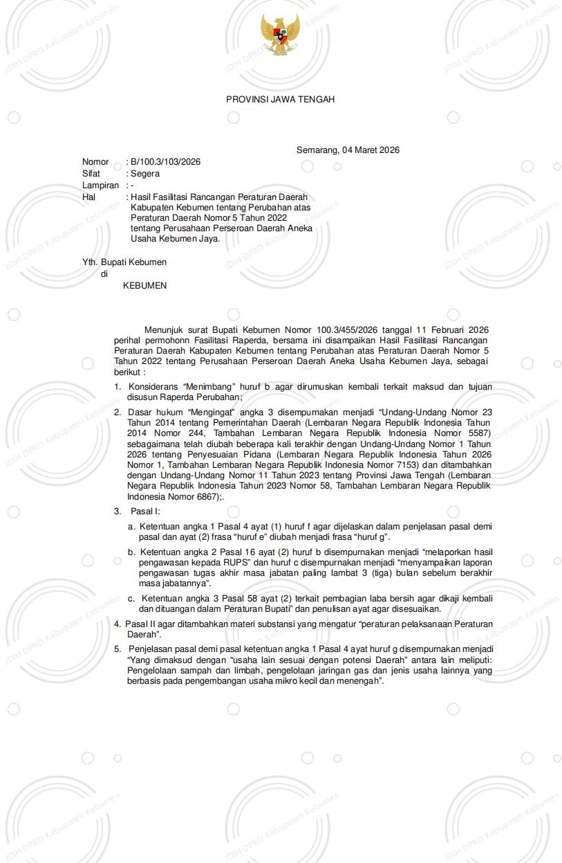 Hasil Fasilitasi Raperda Kabupaten Kebumen tentang Perubahan atas Perda Nomor 5 Tahun 2022 tentang Perusahaan Perseroan Daerah Aneka Usaha Kebumen Jaya
