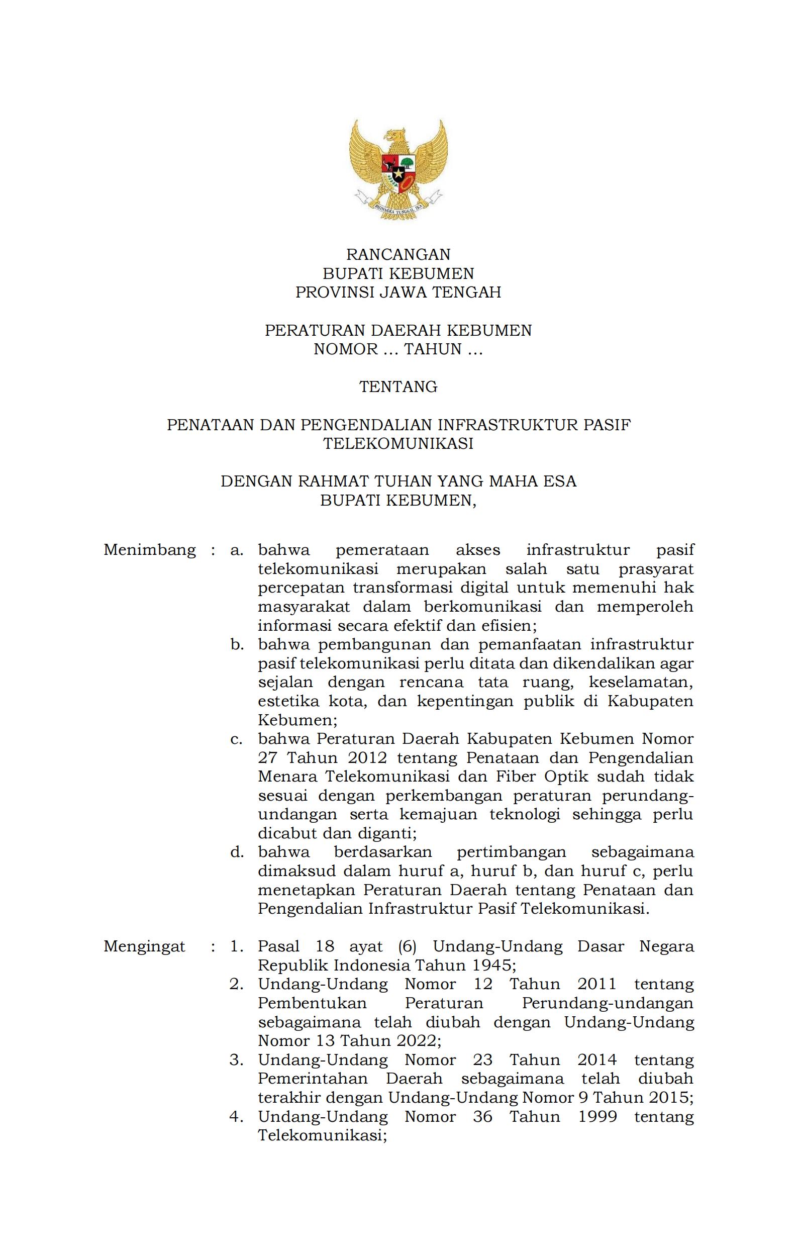Raperda tentang Penataan dan Pengendalian Infrastruktur Pasif Telekomunikasi