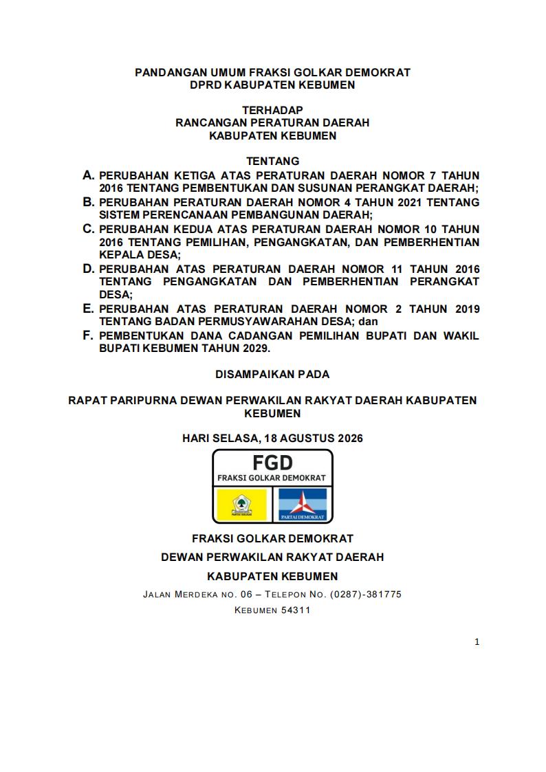Pandangan Umum Fraksi Golkar Demokrat DPRD Kabupaten Kebumen terhadap Enam Rancangan Peraturan Daerah Kabupaten Kebumen