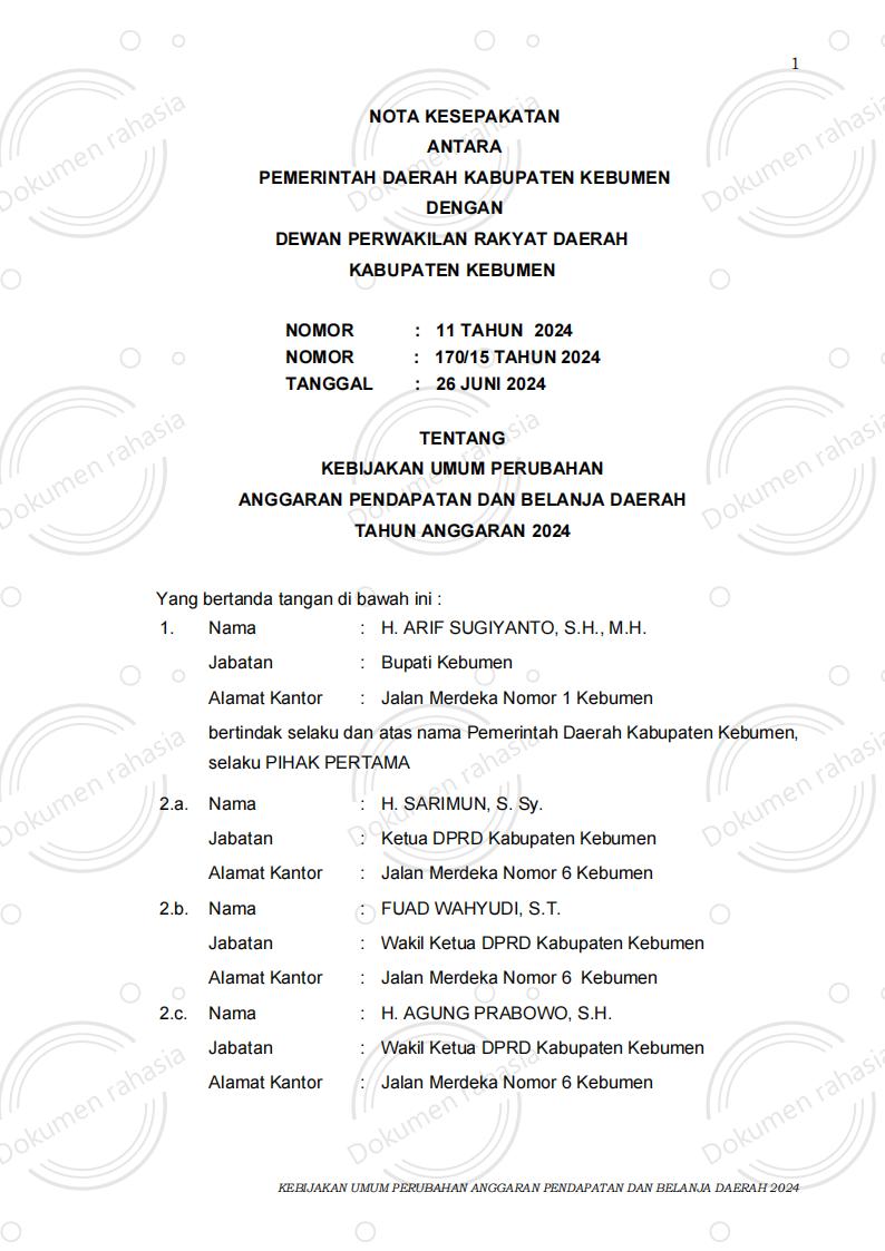 Nota Kesepakatan Nomor 170/15 Tahun 2024 tentang Kebijakan Umum Perubahan Anggaran Pendapatan dan Belanja Daerah Tahun Anggaran 2024
