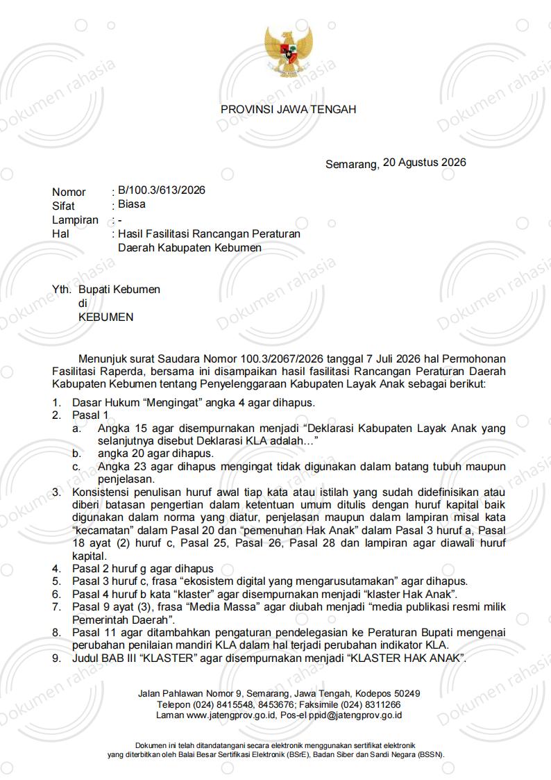 Hasil Fasilitasi Raperda Kabupaten Kebumen tentang Penyelenggaraan Kabupaten Layak Anak Tahun 2026