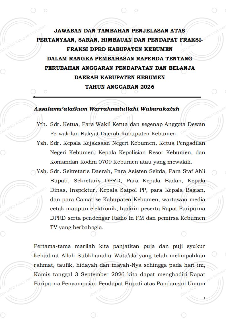 Jawaban dan Tambahan Penjelasan Bupati Kebumen atas Pandangan Umum Fraksi terhadap Raperda Perubahan APBD Tahun Anggaran 2026