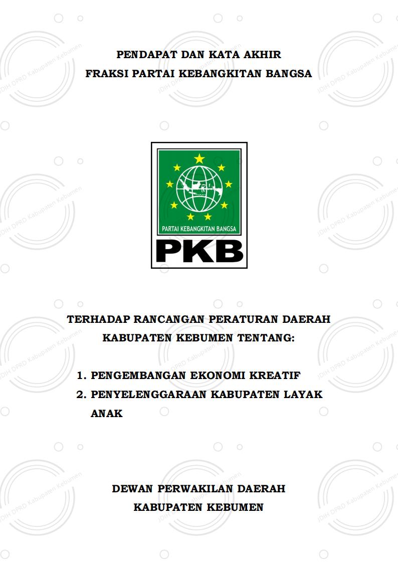 Pendapat dan Kata Akhir Fraksi PKB DPRD Kabupaten Kebumen terhadap Raperda tentang Pengembangan Ekonomi Kreatif dan Raperda tentang Penyelenggaraan Kabupaten Layak Anak Tahun 2026