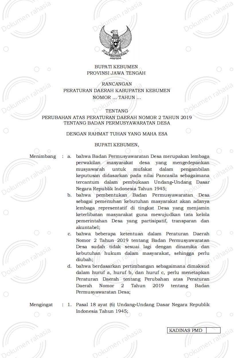 Raperda tentang Perubahan atas Perda Nomor 2 Tahun 2019 tentang Badan Permusyawaratan Desa